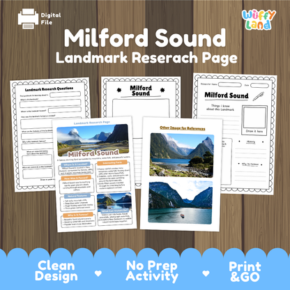 Digital worksheet bundle cover for 'Milford Sound Landmark Research Page' by Wiffy Land, shown on a wood background with sample pages and a blue banner at the bottom.
