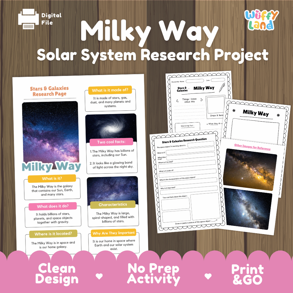 Digital educational resource cover for a 'Milky Way Solar System Research Project' by Wiffly Land, featuring sample pages for a research page and worksheet on a wood-grain background with a pink banner at the bottom.