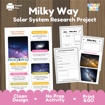 Digital educational resource cover for a 'Milky Way Solar System Research Project' by Wiffly Land, featuring sample pages for a research page and worksheet on a wood-grain background with a pink banner at the bottom.