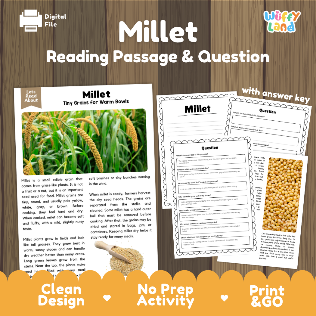 Millet Reading Passage and Comprehension Questions Worksheets with Answer Key