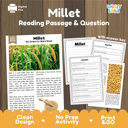 Millet Reading Passage and Comprehension Questions Worksheets with Answer Key