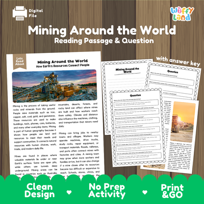 Mining Around the World reading comprehension passage and questions printable activity pack with answer key for elementary students