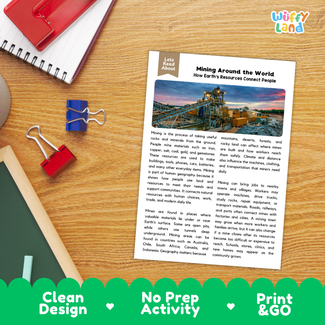 Student reading comprehension worksheet with short-answer questions and lined sections about mining and Earth resources