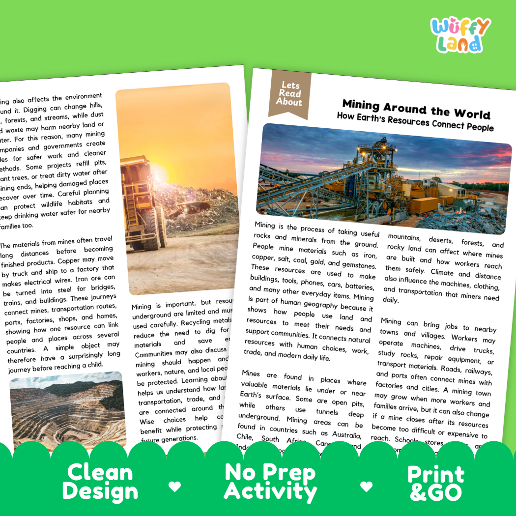 Teacher answer key page showing complete question solutions for Mining Around the World human geography and science reading comprehension practice