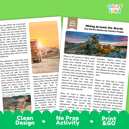 Teacher answer key page showing complete question solutions for Mining Around the World human geography and science reading comprehension practice