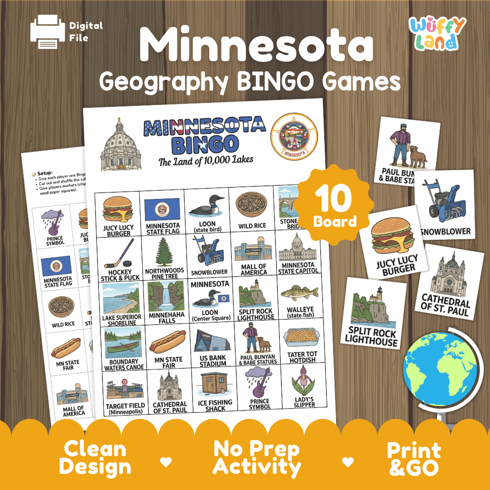 Minnesota Geography BINGO Game Land of 10,000 Lakes Activity Printable Boards