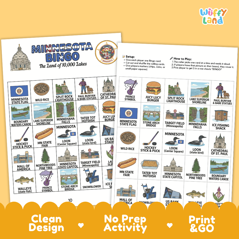 Minnesota Geography BINGO Game Land of 10,000 Lakes Activity Printable Boards