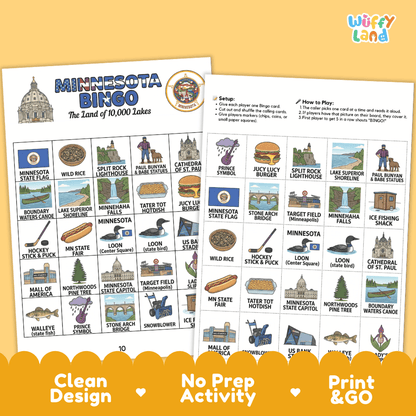 Minnesota Geography BINGO Game Land of 10,000 Lakes Activity Printable Boards