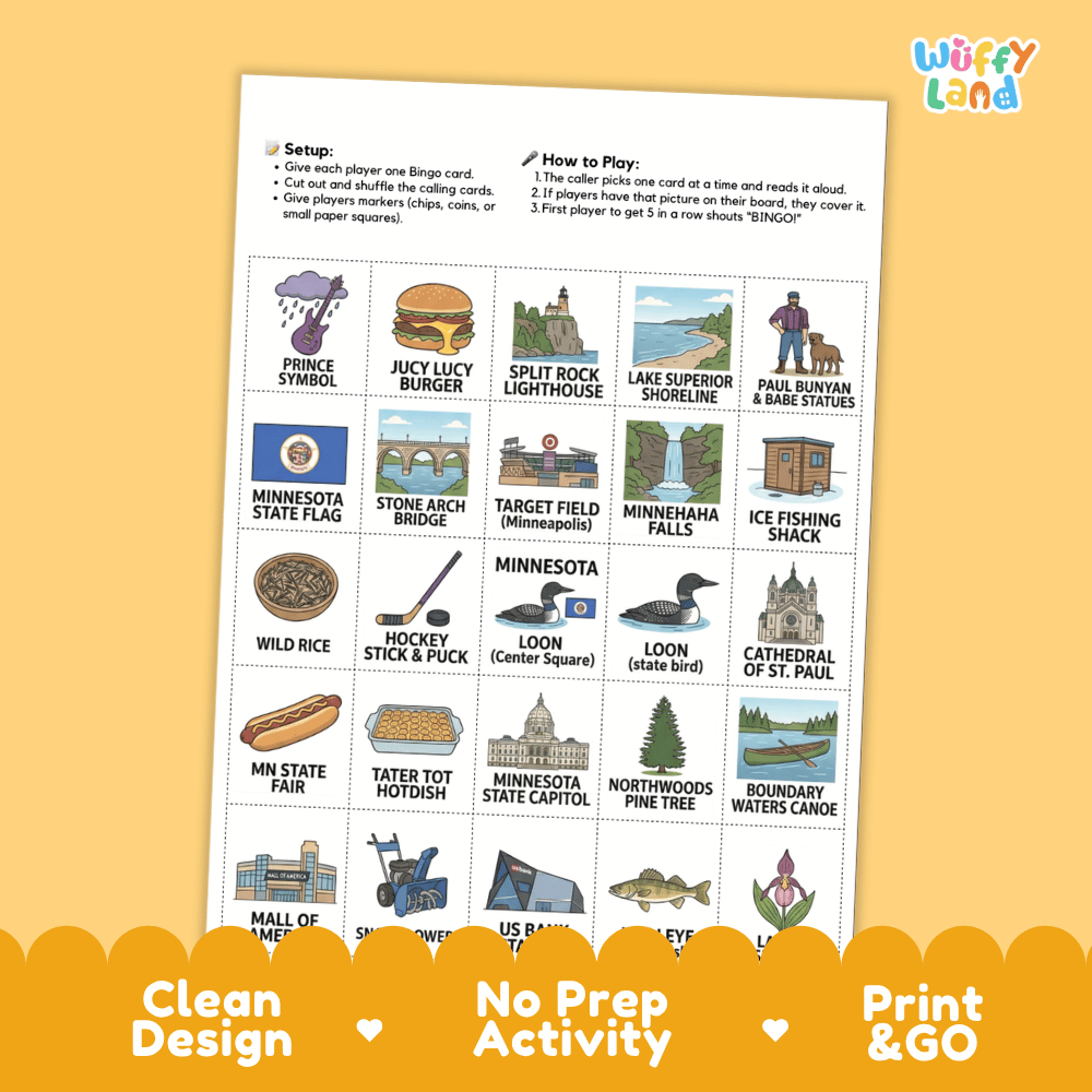 Minnesota Geography BINGO Game Land of 10,000 Lakes Activity Printable Boards