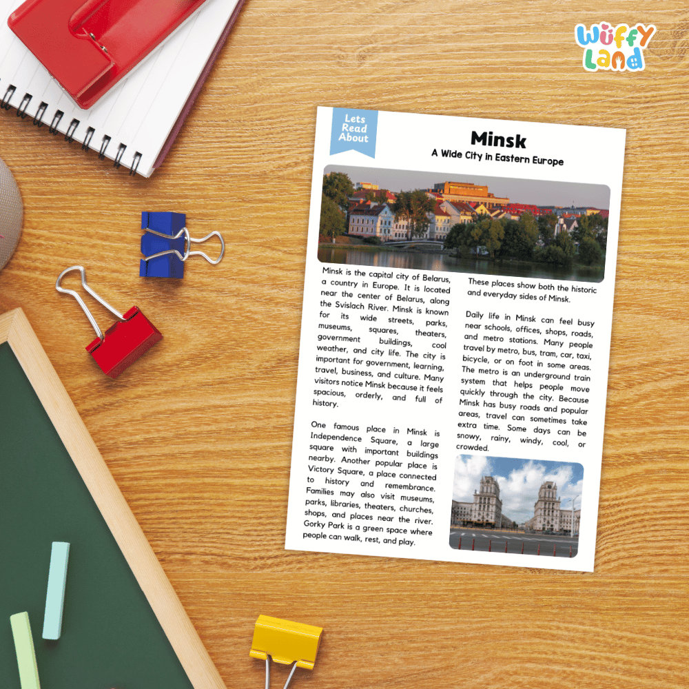 Lined reading comprehension question worksheet covering main ideas vocabulary terms and landmark facts about Minsk Belarus