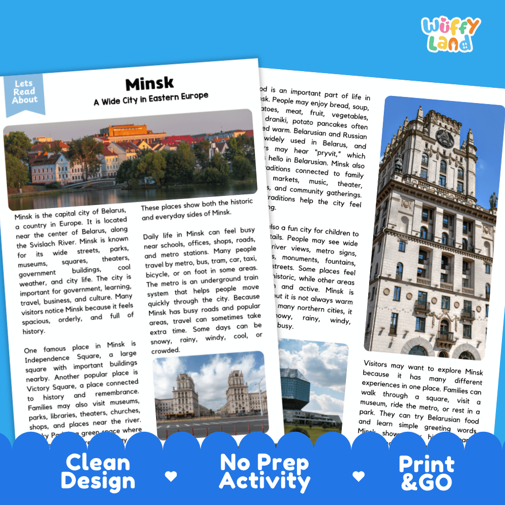 Reference sheet and answer key for Minsk landmark reading passage displaying completed comprehension answers and European geography facts
