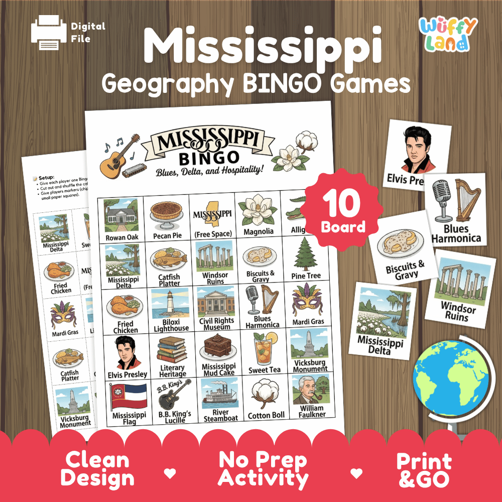 Mississippi Geography BINGO Game Magnolia State Activity Printable Boards