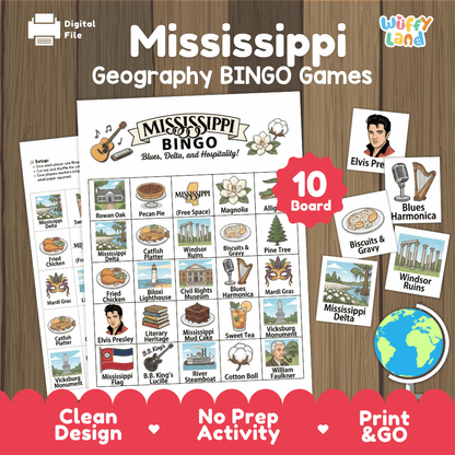Mississippi Geography BINGO Game Magnolia State Activity Printable Boards