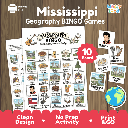 Mississippi Geography BINGO Game Magnolia State Activity Printable Boards