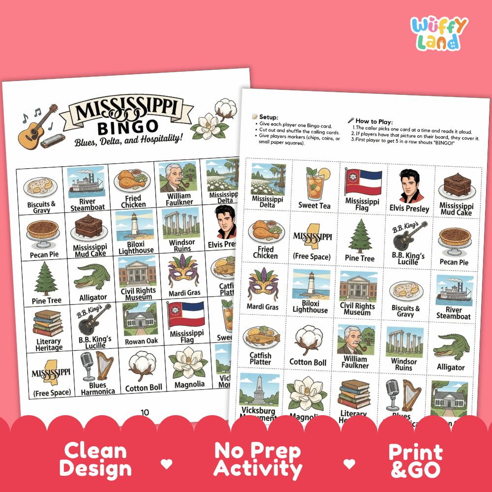 Mississippi Geography BINGO Game Magnolia State Activity Printable Boards
