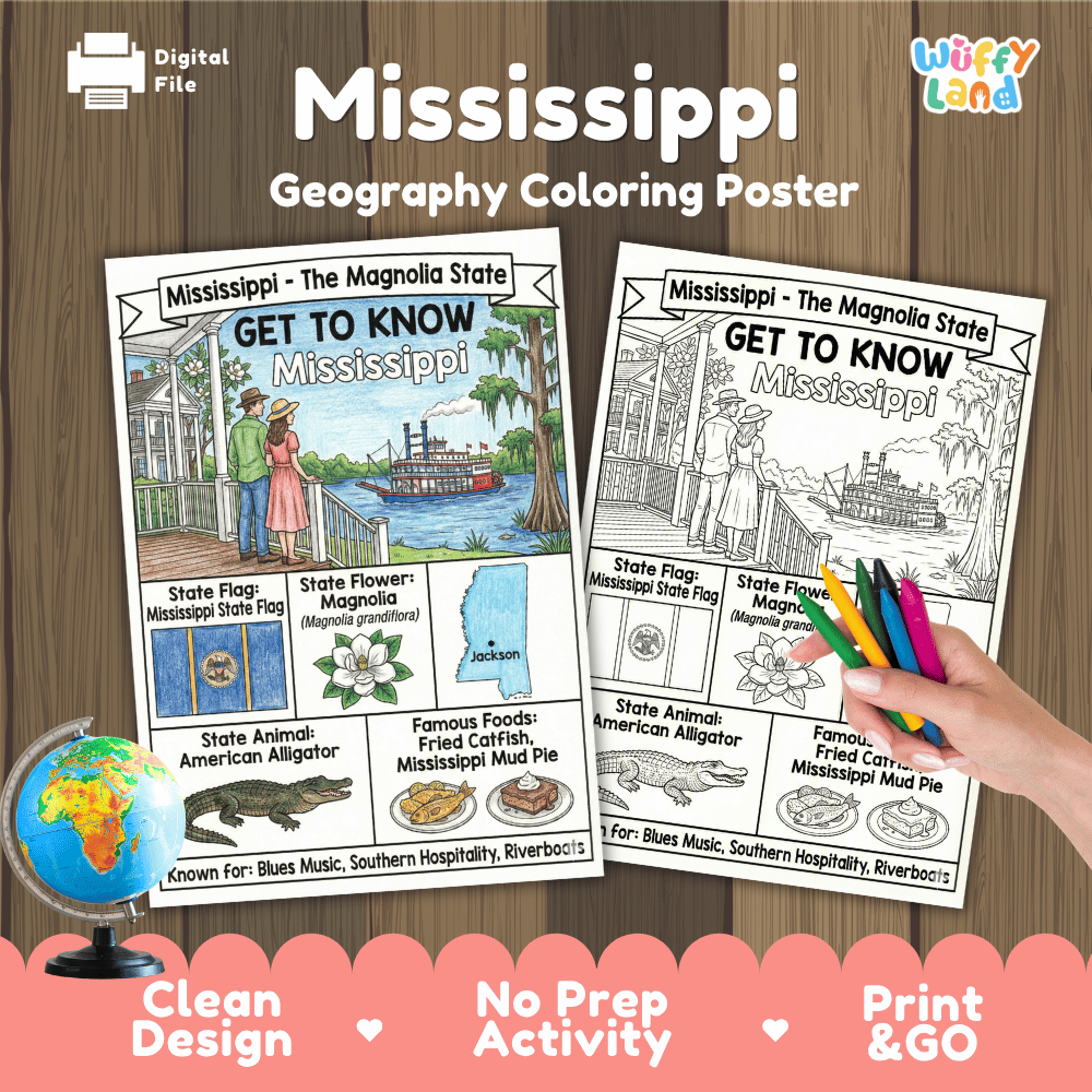 Mississippi Geography Coloring Poster Worksheets