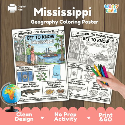 Mississippi Geography Coloring Poster Worksheets