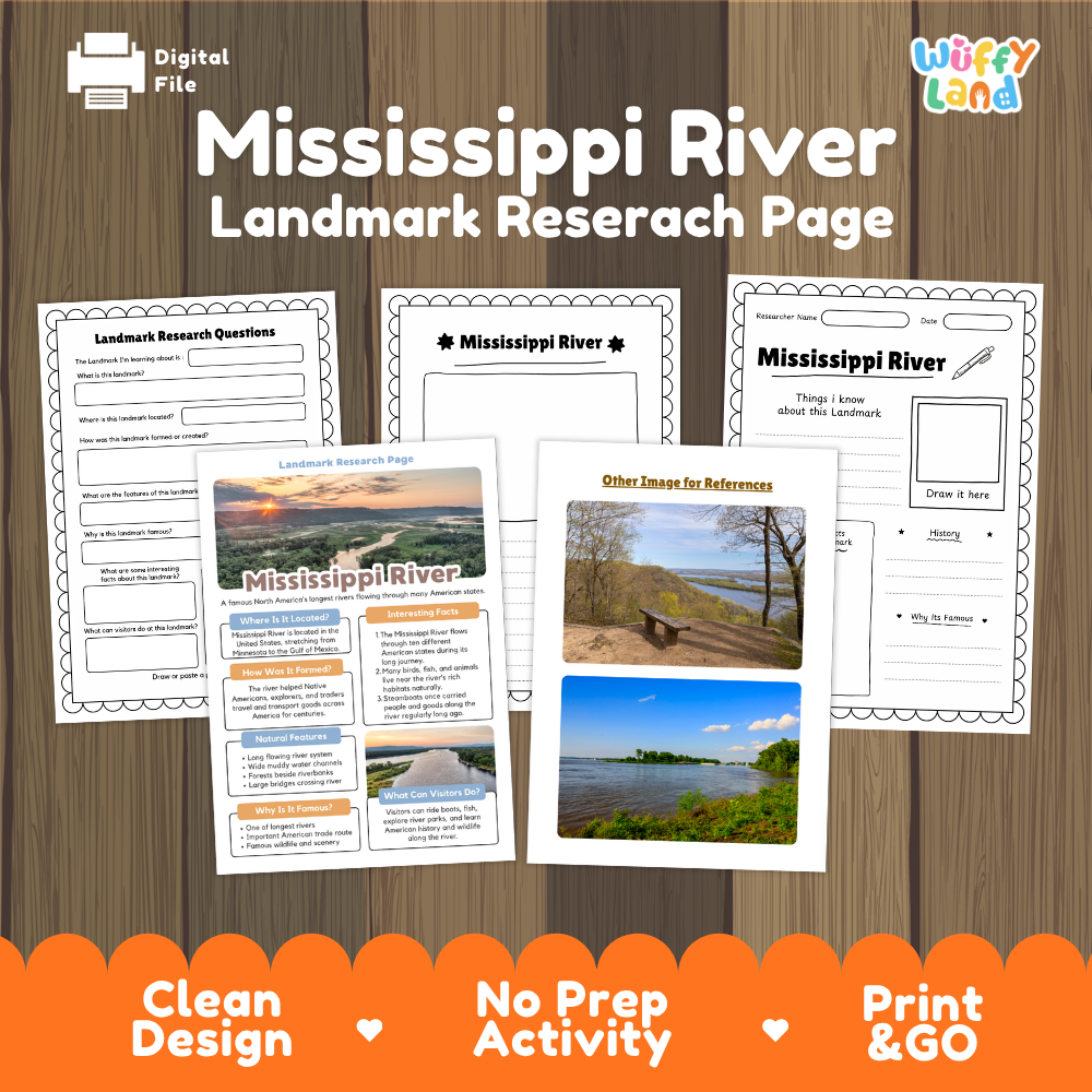 Digital file preview of a Mississippi River Landmark Research Page activity sheet set on a wood background, with sample worksheet pages and an orange banner reading 'Clean Design', 'No Prep Activity', and 'Print & GO'.