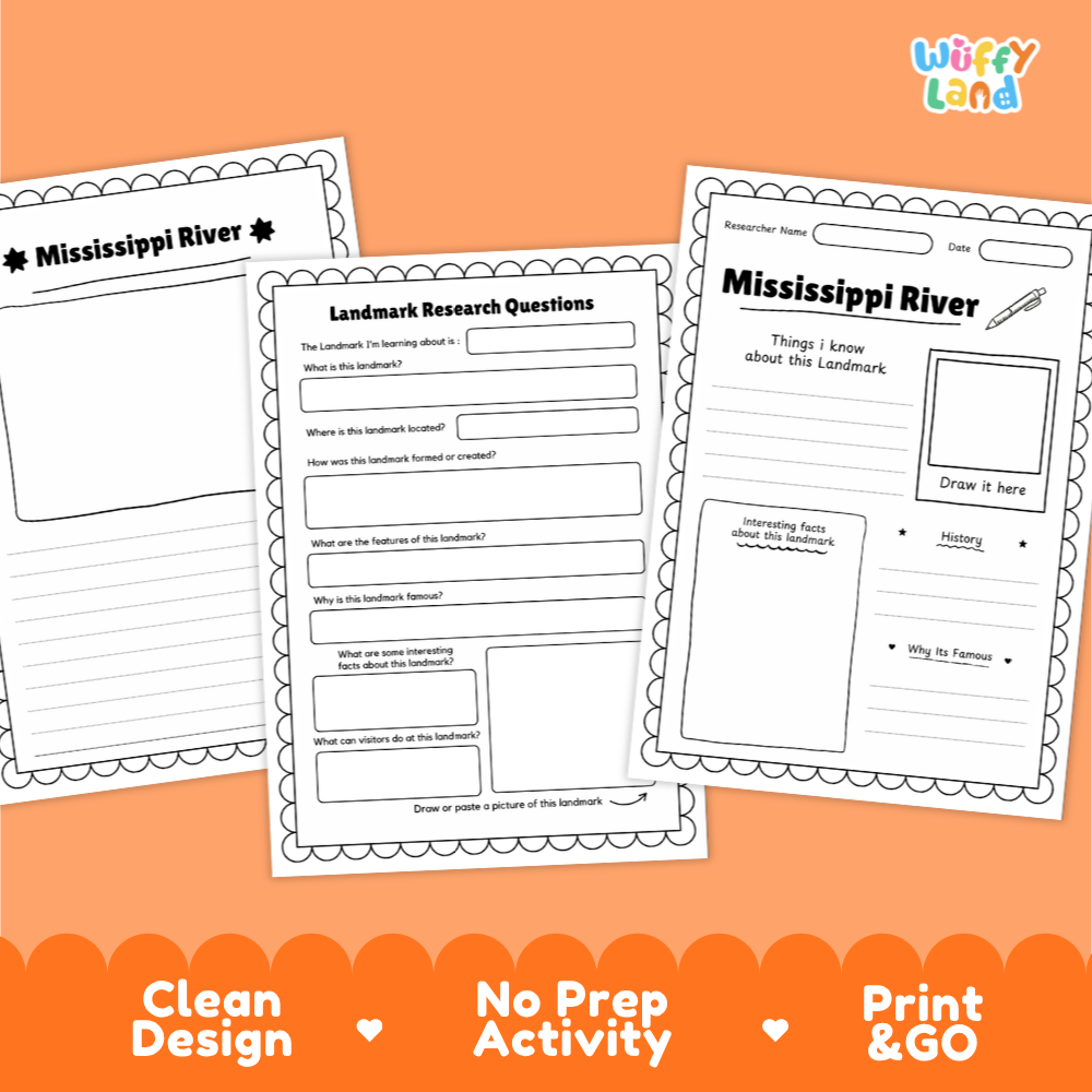 Three printable Mississippi River themed activity worksheets displayed on an orange background, with a 'Wiffy Land' logo in the top right and marketing text along the bottom.
