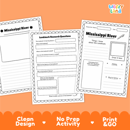 Three printable Mississippi River themed activity worksheets displayed on an orange background, with a 'Wiffy Land' logo in the top right and marketing text along the bottom.