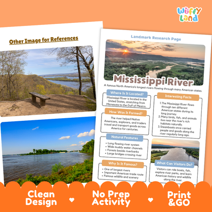 An educational print activity sheet titled 'Mississippi River Landmark Research Page' displayed on an orange background, with a sample photo of a Mississippi River landscape and a wooden dock on the left. The sheet includes labeled informational boxes about the river, landmarks, natural features, and visitor tips.