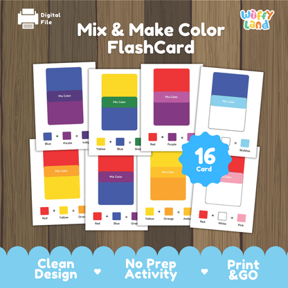 Mix and Make Color Flashcard cover showing 16 cards with color mixing blocks and equations including primary and secondary blends