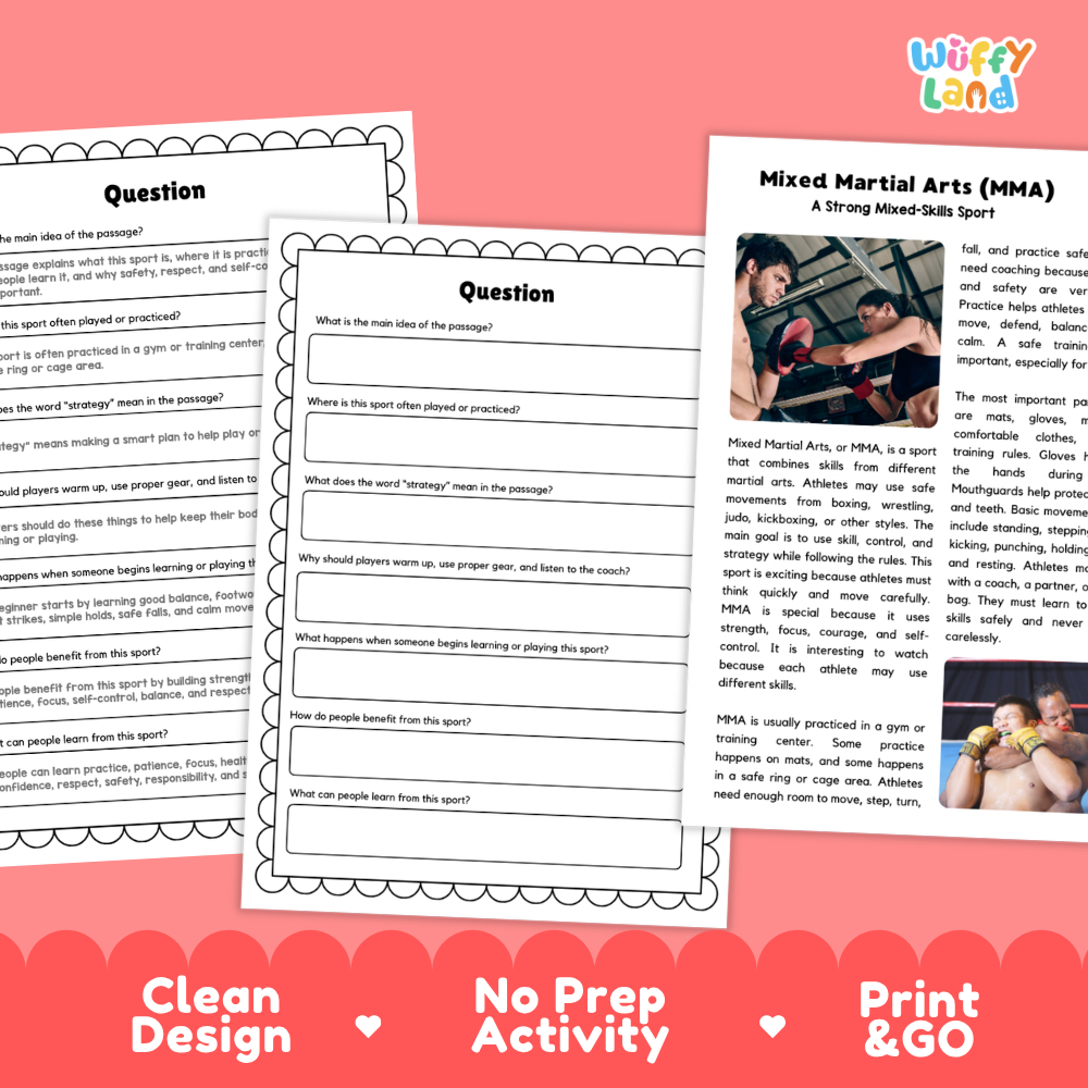 Mixed Martial Arts (MMA) Sports Reading Passages and Comprehension Worksheets