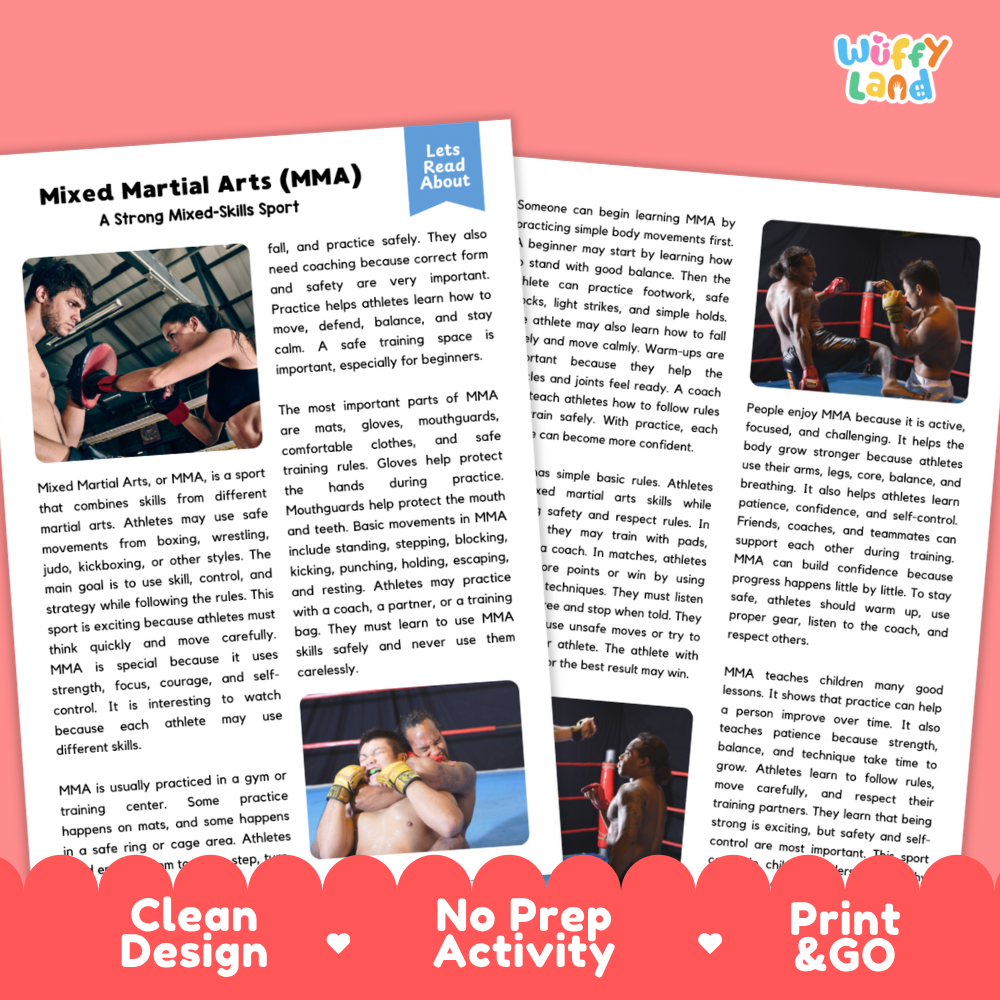Mixed Martial Arts (MMA) Sports Reading Passages and Comprehension Worksheets