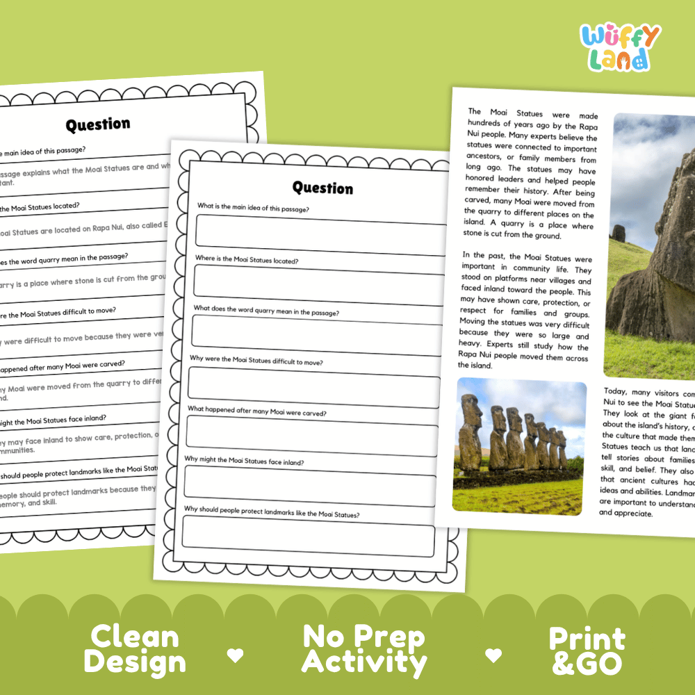 Moai Statues Landmark Reading Passages and Comprehension Worksheets