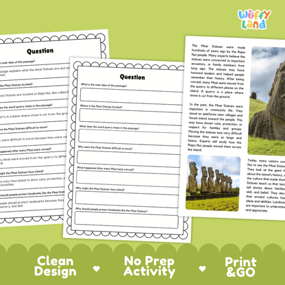 Moai Statues Landmark Reading Passages and Comprehension Worksheets