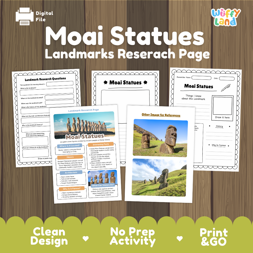 Digital preview of a Moai Statues landmarks research page activity sheet set by Wiffy Land, displayed on a wood-grain background with promotional text at the bottom.
