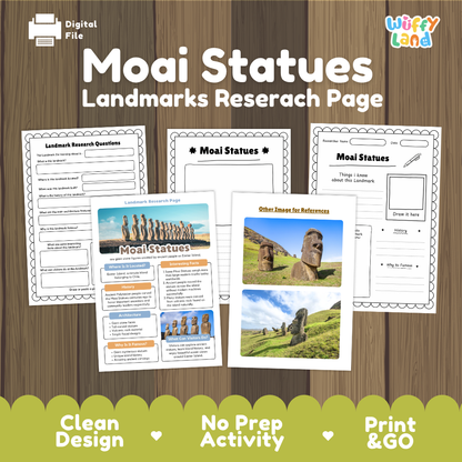 Digital preview of a Moai Statues landmarks research page activity sheet set by Wiffy Land, displayed on a wood-grain background with promotional text at the bottom.