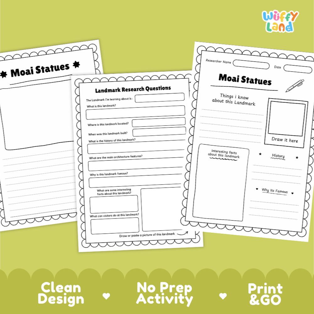 Three printable Moai statues activity worksheets from Wiffy Land are displayed on a light olive green background with feature callouts at the bottom. The worksheets feature black text and outlines on white paper with decorative scalloped borders.