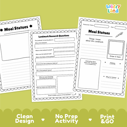 Three printable Moai statues activity worksheets from Wiffy Land are displayed on a light olive green background with feature callouts at the bottom. The worksheets feature black text and outlines on white paper with decorative scalloped borders.