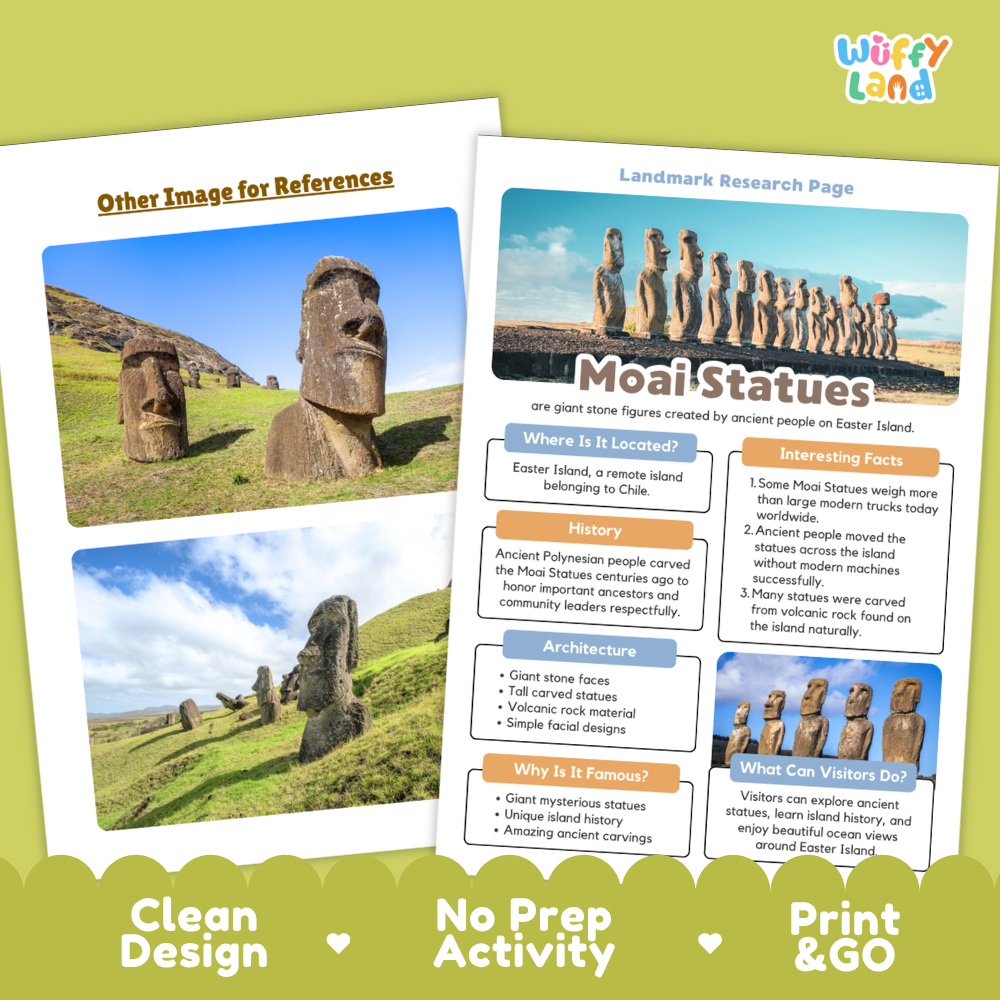 An educational landscape research page about Moai statues on Easter Island, shown as a printed worksheet with a photo of the statues and text boxes. The page is overlaid on a green and white product mockup background with the brand name 'Wiffly Land' in the top right and marketing text along the bottom.