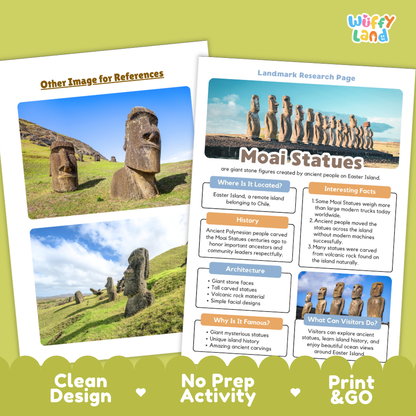 An educational landscape research page about Moai statues on Easter Island, shown as a printed worksheet with a photo of the statues and text boxes. The page is overlaid on a green and white product mockup background with the brand name 'Wiffly Land' in the top right and marketing text along the bottom.