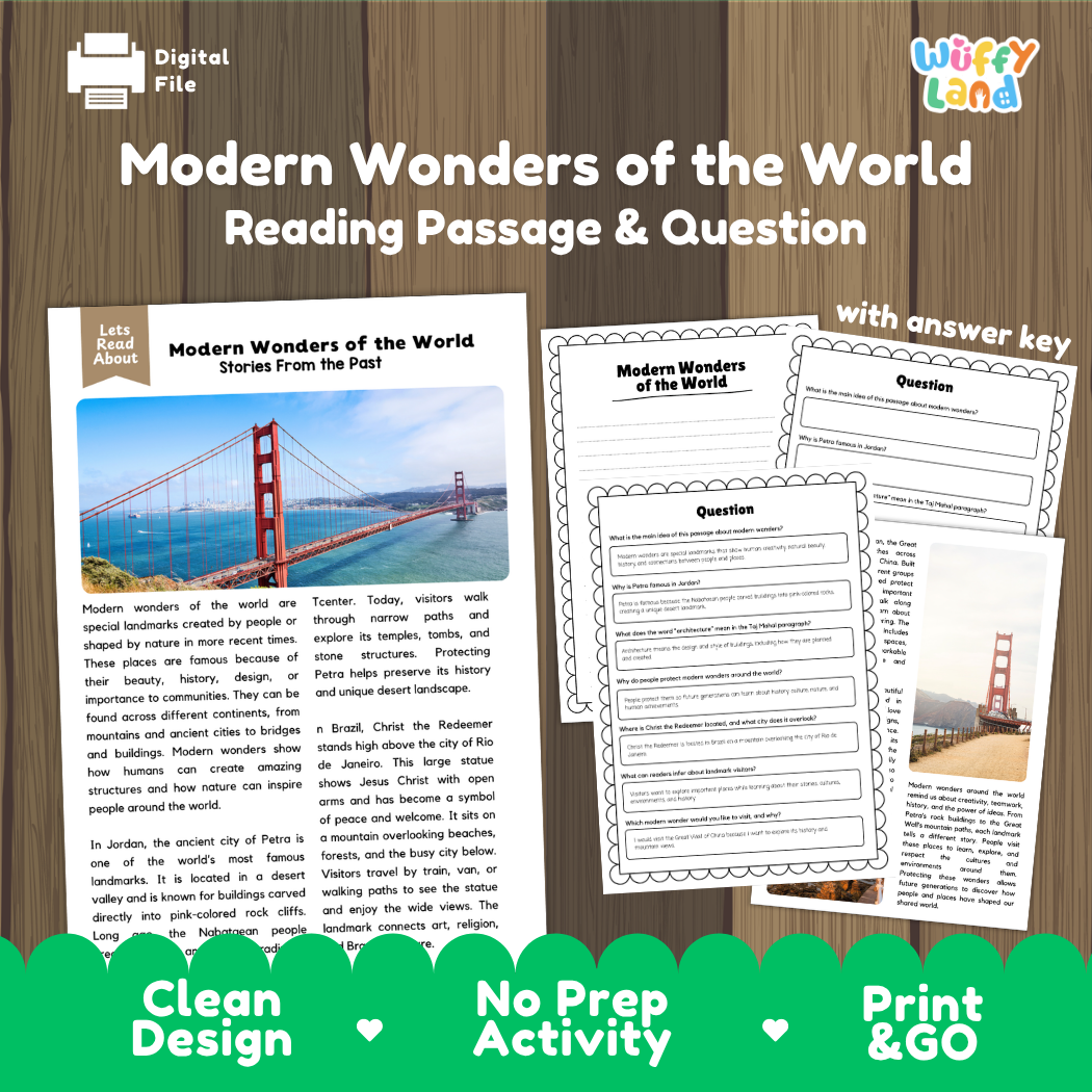 Modern Wonders of the World reading comprehension passage and questions printable activity pack with answer key for elementary students