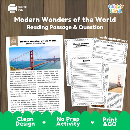 Modern Wonders of the World reading comprehension passage and questions printable activity pack with answer key for elementary students