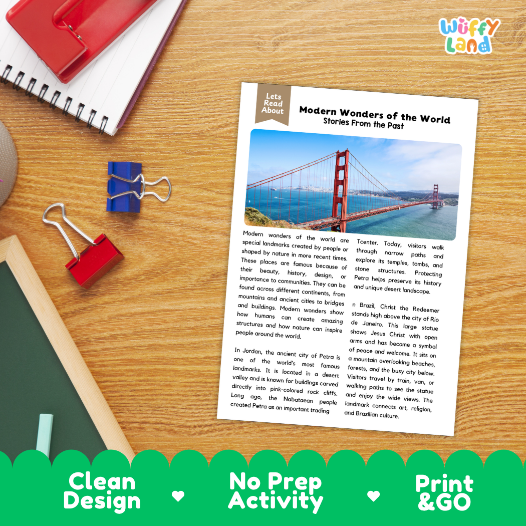 Student reading comprehension worksheet with short-answer questions and lined sections about modern wonders of the world