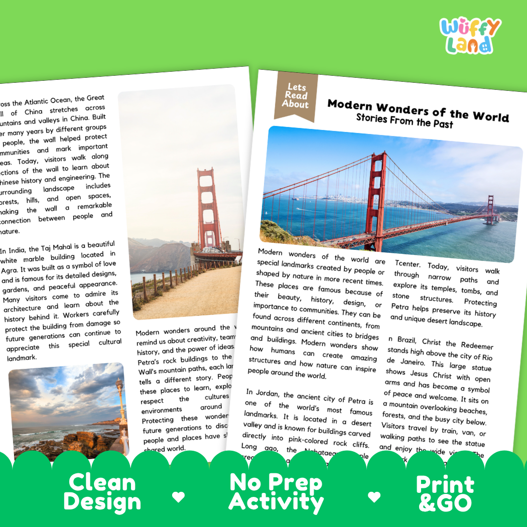 Teacher answer key page showing complete question solutions for Modern Wonders of the World geography and history reading comprehension practice