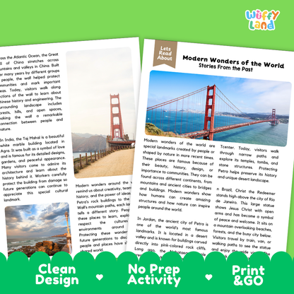 Teacher answer key page showing complete question solutions for Modern Wonders of the World geography and history reading comprehension practice