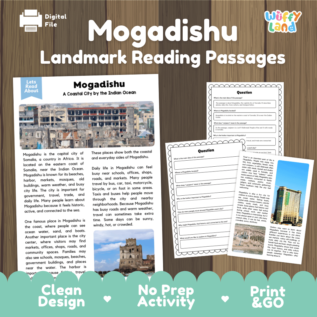 Mogadishu Landmark Reading Passages and Comprehension Worksheets