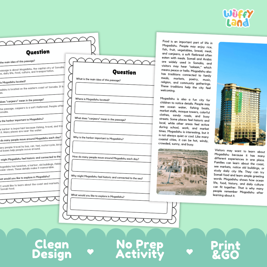 Mogadishu Landmark Reading Passages and Comprehension Worksheets