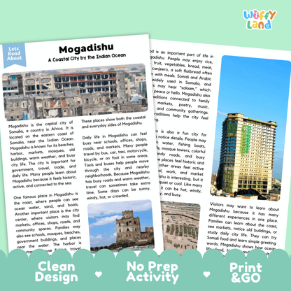 Mogadishu Landmark Reading Passages and Comprehension Worksheets