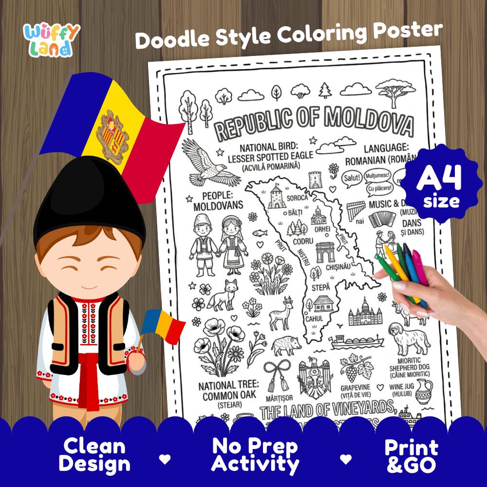 Republic of Moldova country study doodle style coloring poster printable page featuring map, landmarks, and cultural symbols
