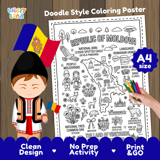 Republic of Moldova country study doodle style coloring poster printable page featuring map, landmarks, and cultural symbols