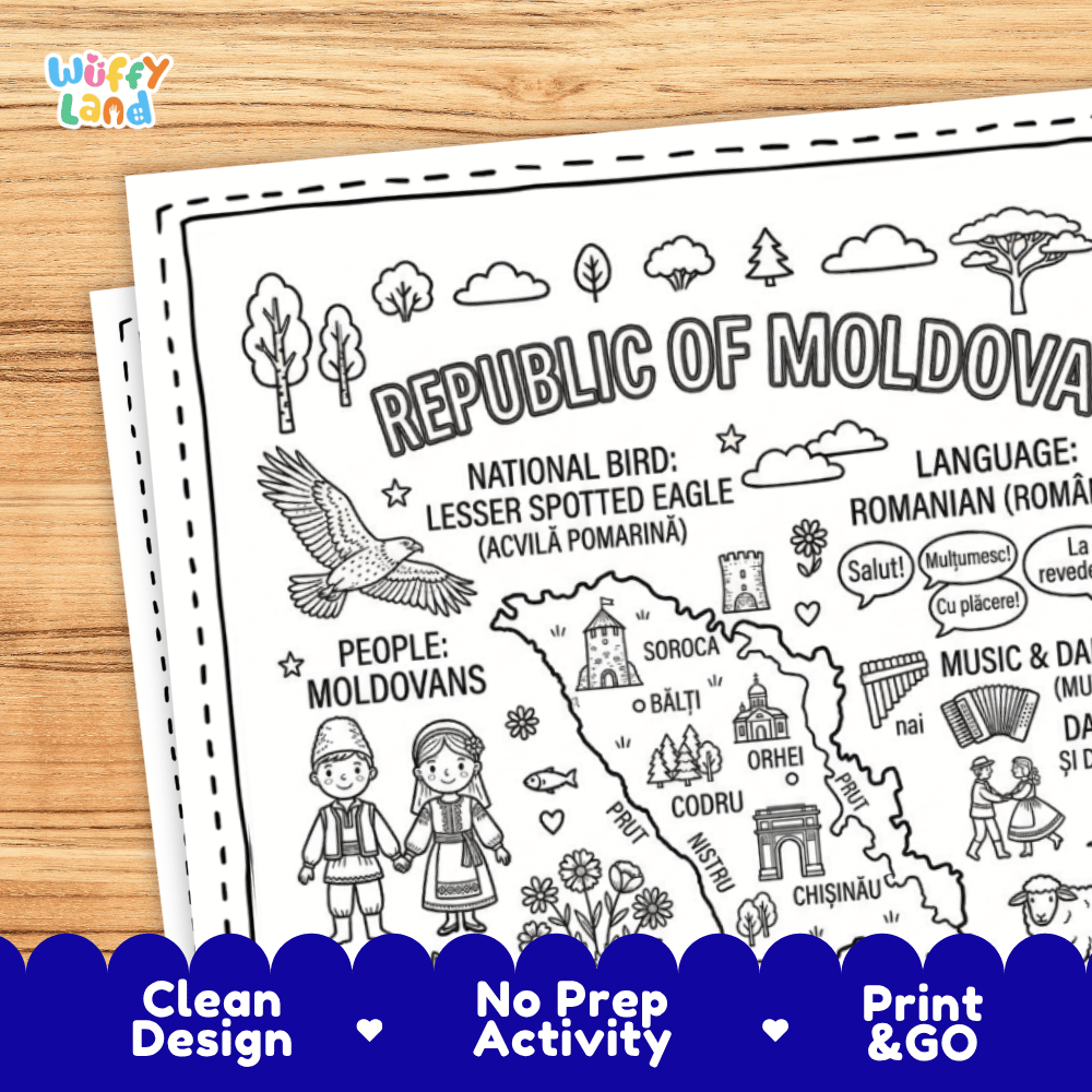 Cultural coloring page featuring traditional Moldovan folk costume, pan flute nai, folk dance, and Romanian greeting speech bubbles
