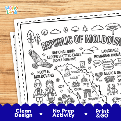 Cultural coloring page featuring traditional Moldovan folk costume, pan flute nai, folk dance, and Romanian greeting speech bubbles