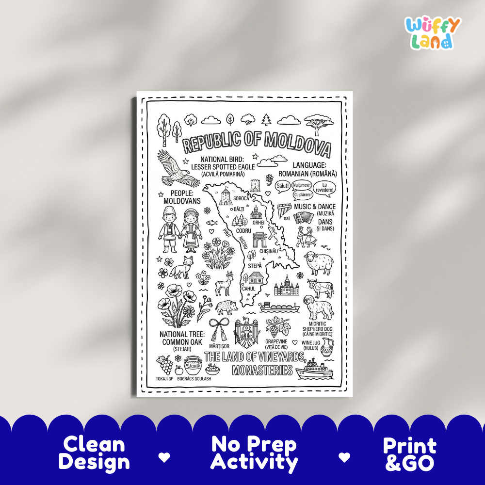Educational activity coloring page highlighting Moldova national bird Lesser Spotted Eagle, Common Oak, Mioritic dog, and Martisor