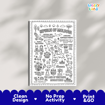 Educational activity coloring page highlighting Moldova national bird Lesser Spotted Eagle, Common Oak, Mioritic dog, and Martisor